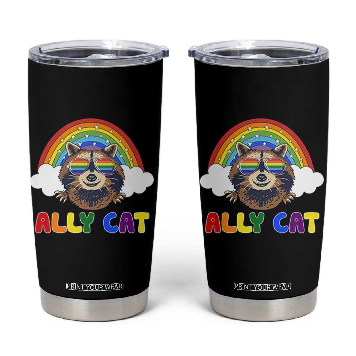 Ally Street Cat Rainbow Raccoon Tumbler Cup Funny LGBTQ+ Pride Support TS02 Black Print Your Wear