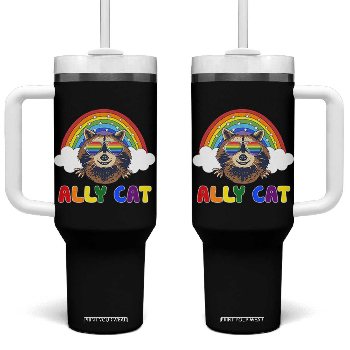 Ally Street Cat Rainbow Raccoon Tumbler With Handle Funny LGBTQ+ Pride Support TS02 One Size: 40 oz Black Print Your Wear