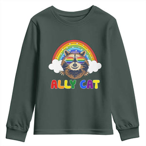 Ally Street Cat Rainbow Raccoon Youth Sweatshirt Funny LGBTQ+ Pride Support TS02 Dark Forest Green Print Your Wear