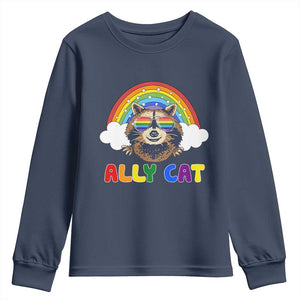 Ally Street Cat Rainbow Raccoon Youth Sweatshirt Funny LGBTQ+ Pride Support TS02 Navy Print Your Wear