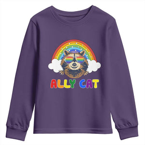Ally Street Cat Rainbow Raccoon Youth Sweatshirt Funny LGBTQ+ Pride Support TS02 Purple Print Your Wear