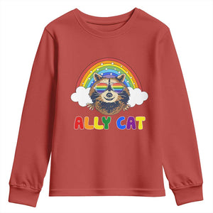 Ally Street Cat Rainbow Raccoon Youth Sweatshirt Funny LGBTQ+ Pride Support TS02 Red Print Your Wear