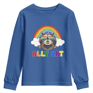 Ally Street Cat Rainbow Raccoon Youth Sweatshirt Funny LGBTQ+ Pride Support TS02 Royal Blue Print Your Wear