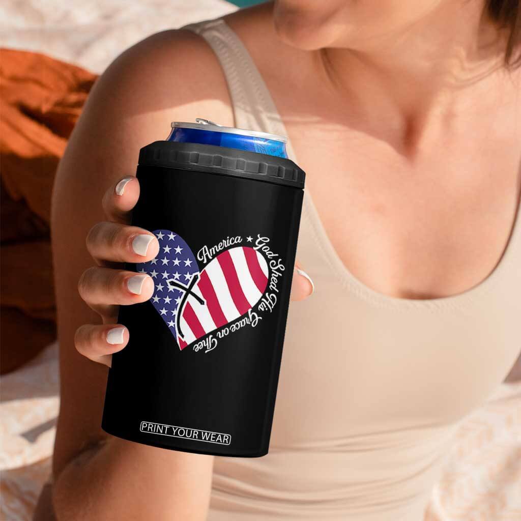 America God Shed His Grace on Thee 4th of July 4 in 1 Can Cooler Tumbler Patriotic American Flag Cross TS10 Print Your Wear