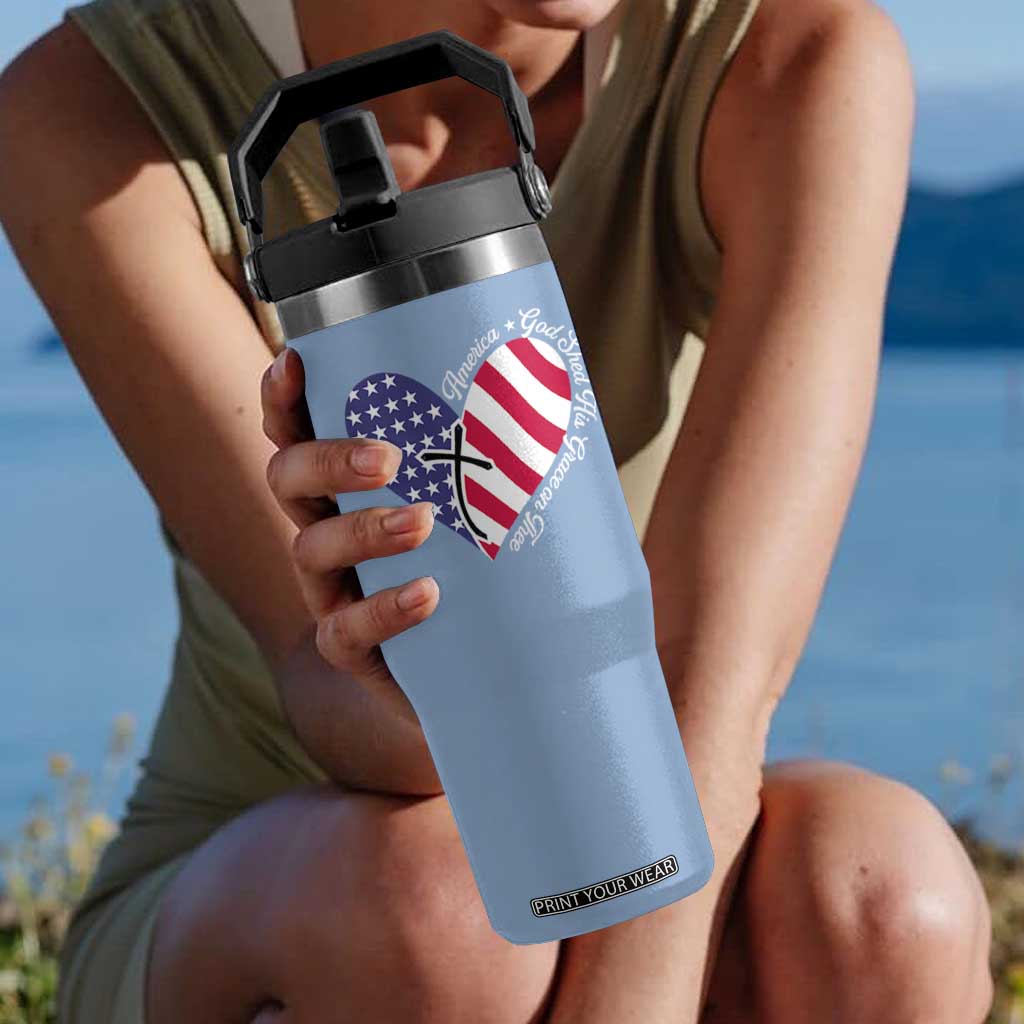 America God Shed His Grace on Thee 4th of July Flip Straw Tumbler Patriotic American Flag Cross TS10 One Size: 30 oz Light Blue Print Your Wear