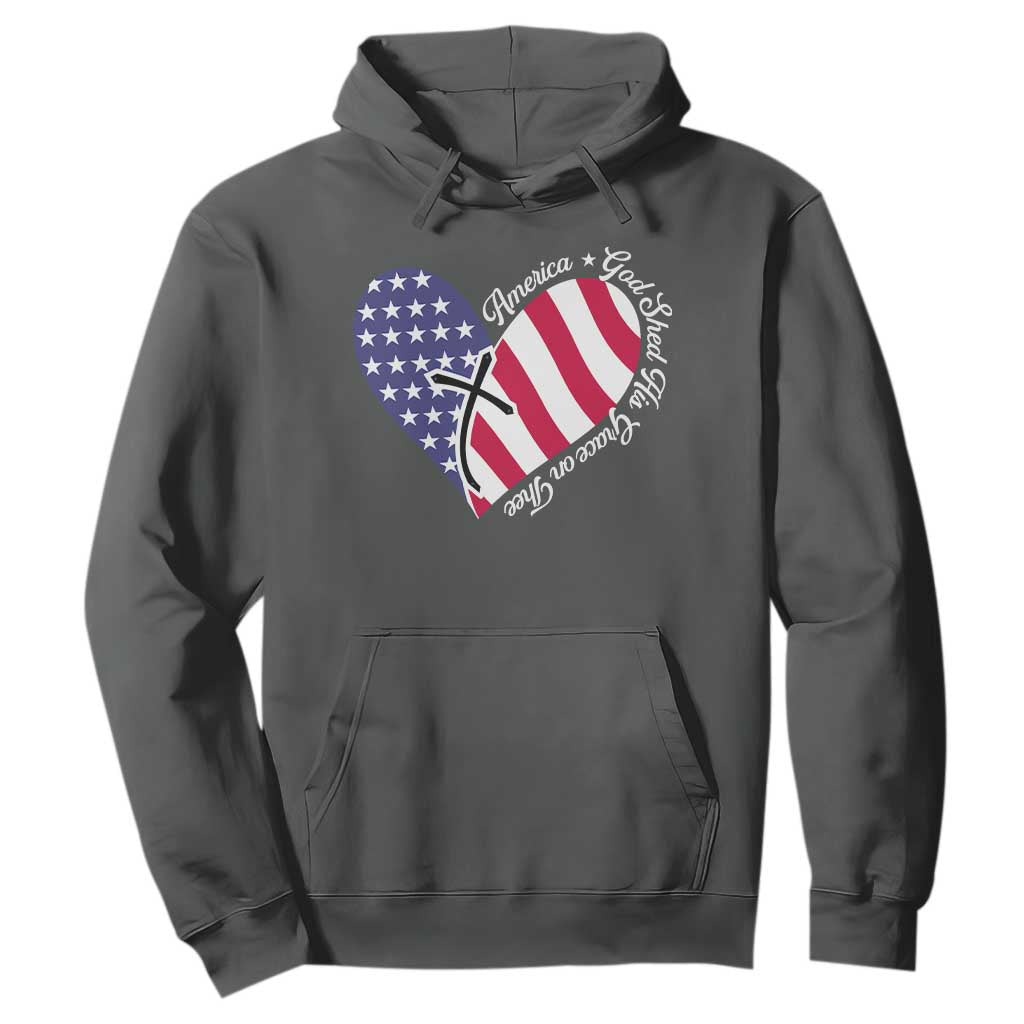 America God Shed His Grace on Thee 4th of July Hoodie Patriotic American Flag Cross TS10 Dark Heather Print Your Wear
