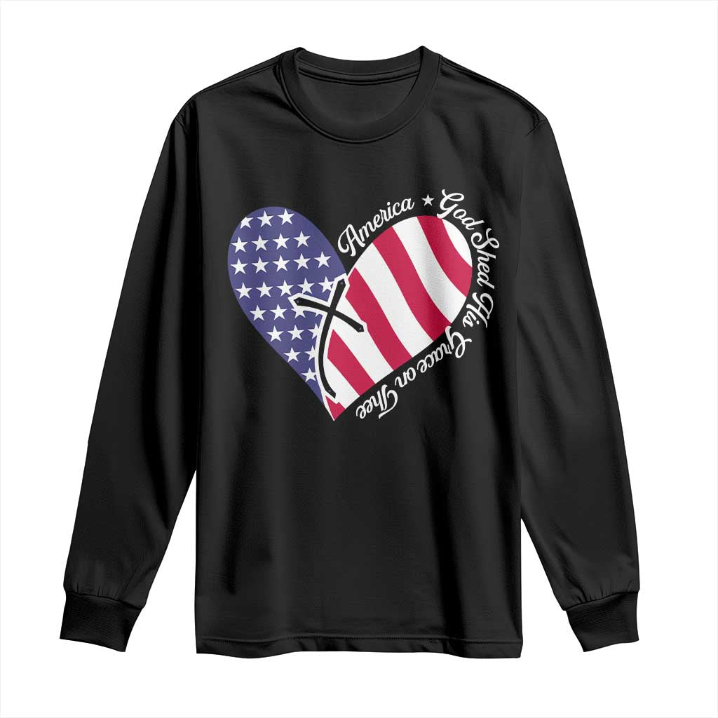 America God Shed His Grace on Thee 4th of July Long Sleeve Shirt Patriotic American Flag Cross TS10 Black Print Your Wear