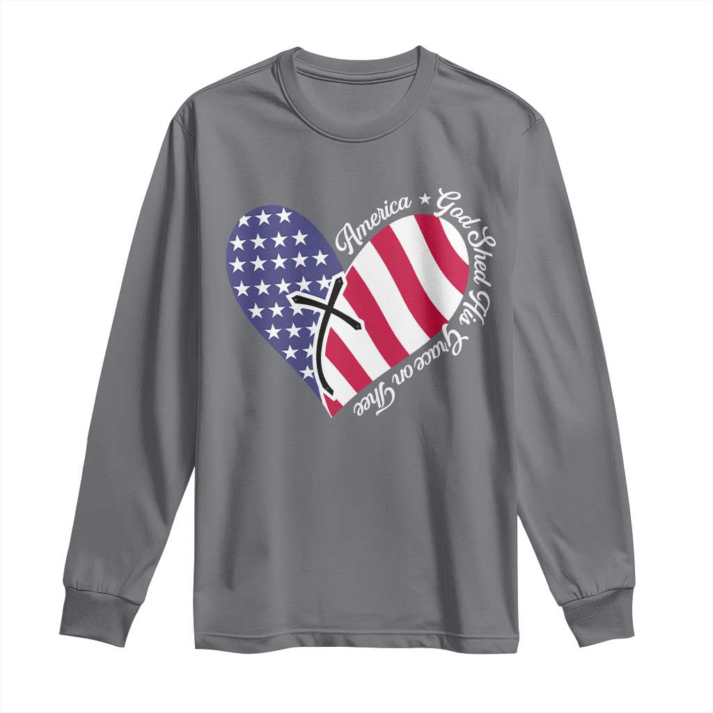 America God Shed His Grace on Thee 4th of July Long Sleeve Shirt Patriotic American Flag Cross TS10 Charcoal Print Your Wear