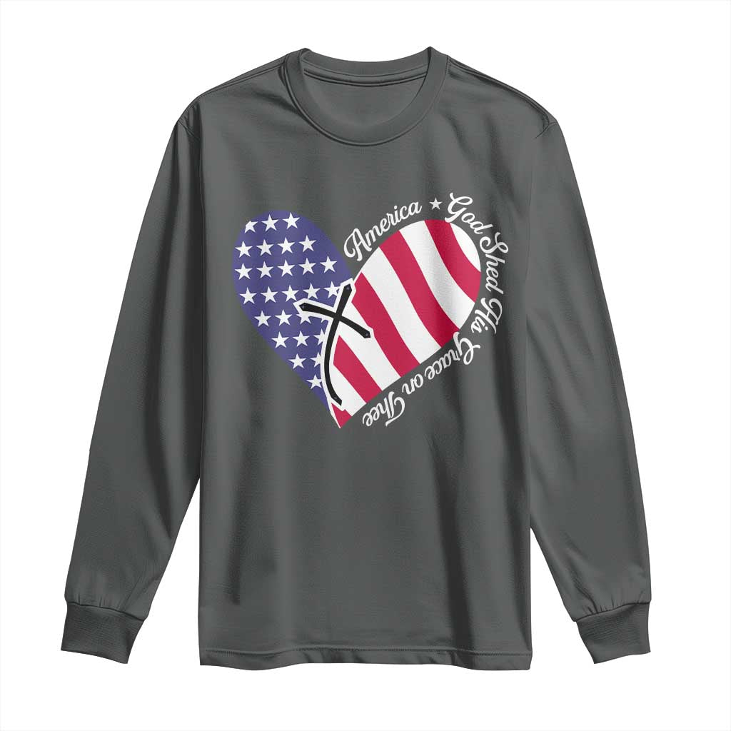 America God Shed His Grace on Thee 4th of July Long Sleeve Shirt Patriotic American Flag Cross TS10 Dark Heather Print Your Wear