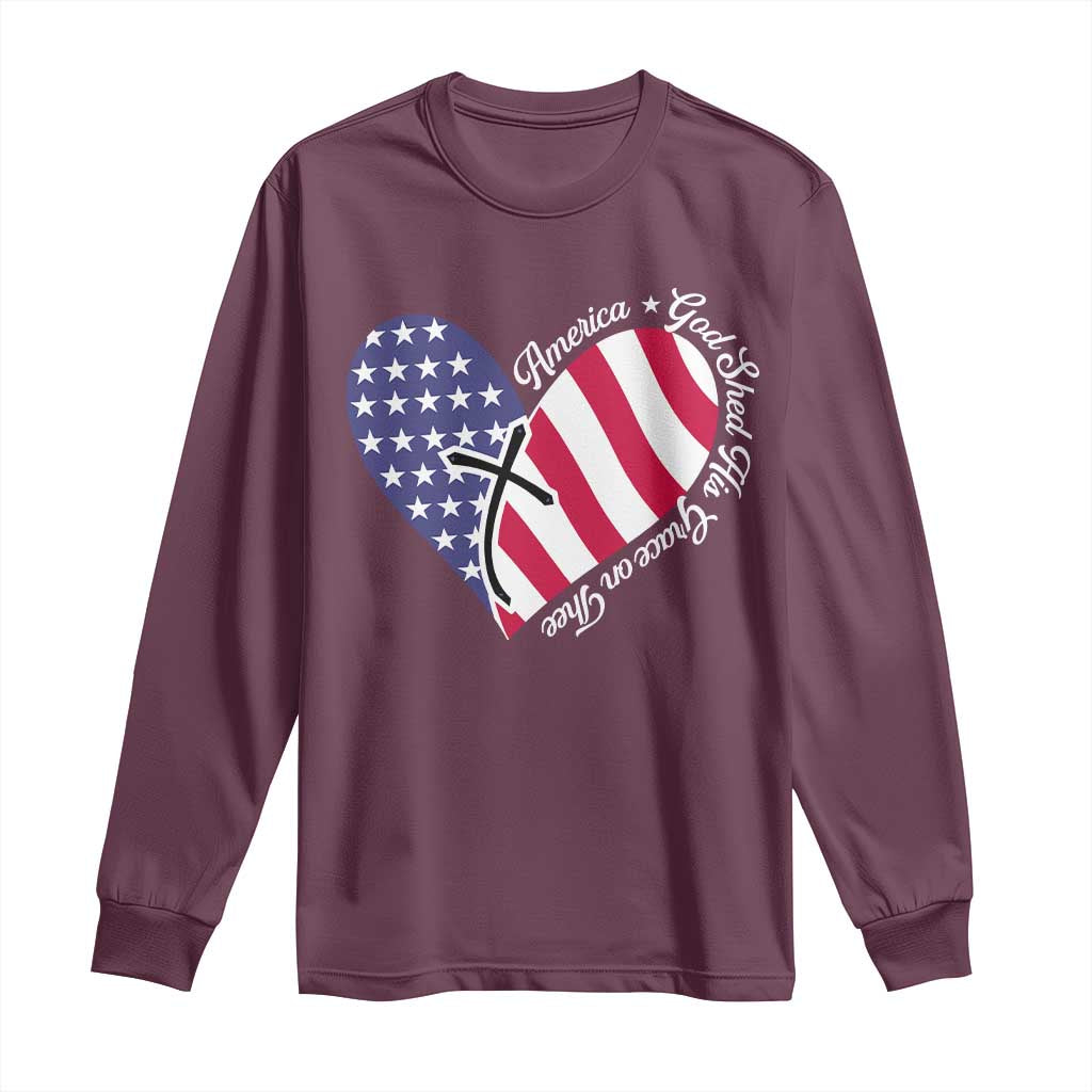 America God Shed His Grace on Thee 4th of July Long Sleeve Shirt Patriotic American Flag Cross TS10 Maroon Print Your Wear