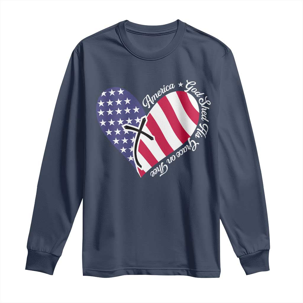 America God Shed His Grace on Thee 4th of July Long Sleeve Shirt Patriotic American Flag Cross TS10 Navy Print Your Wear