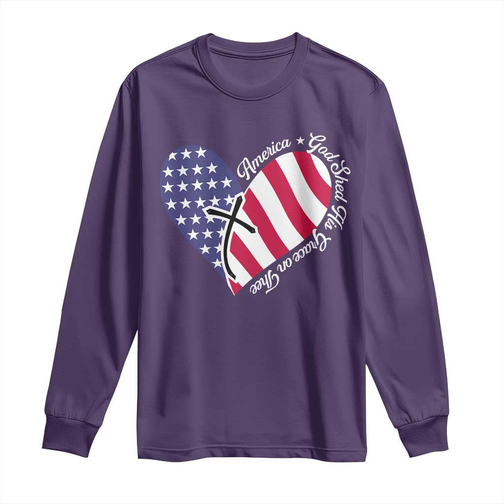 America God Shed His Grace on Thee 4th of July Long Sleeve Shirt Patriotic American Flag Cross TS10 Purple Print Your Wear