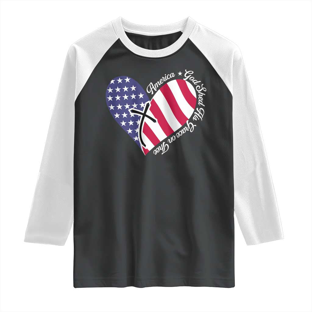 America God Shed His Grace on Thee 4th of July Raglan Shirt Patriotic American Flag Cross TS10 Black White Print Your Wear