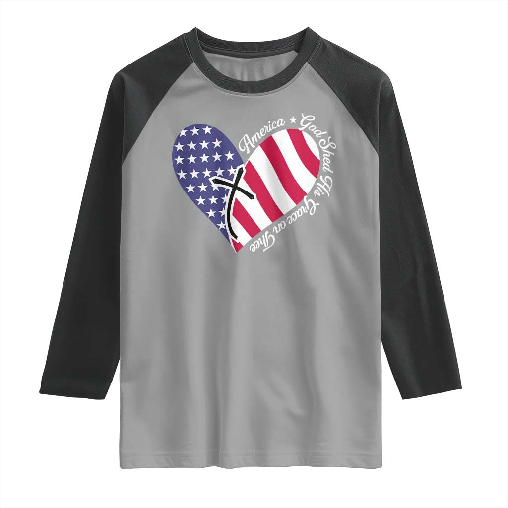 America God Shed His Grace on Thee 4th of July Raglan Shirt Patriotic American Flag Cross TS10 Sport Gray Black Print Your Wear