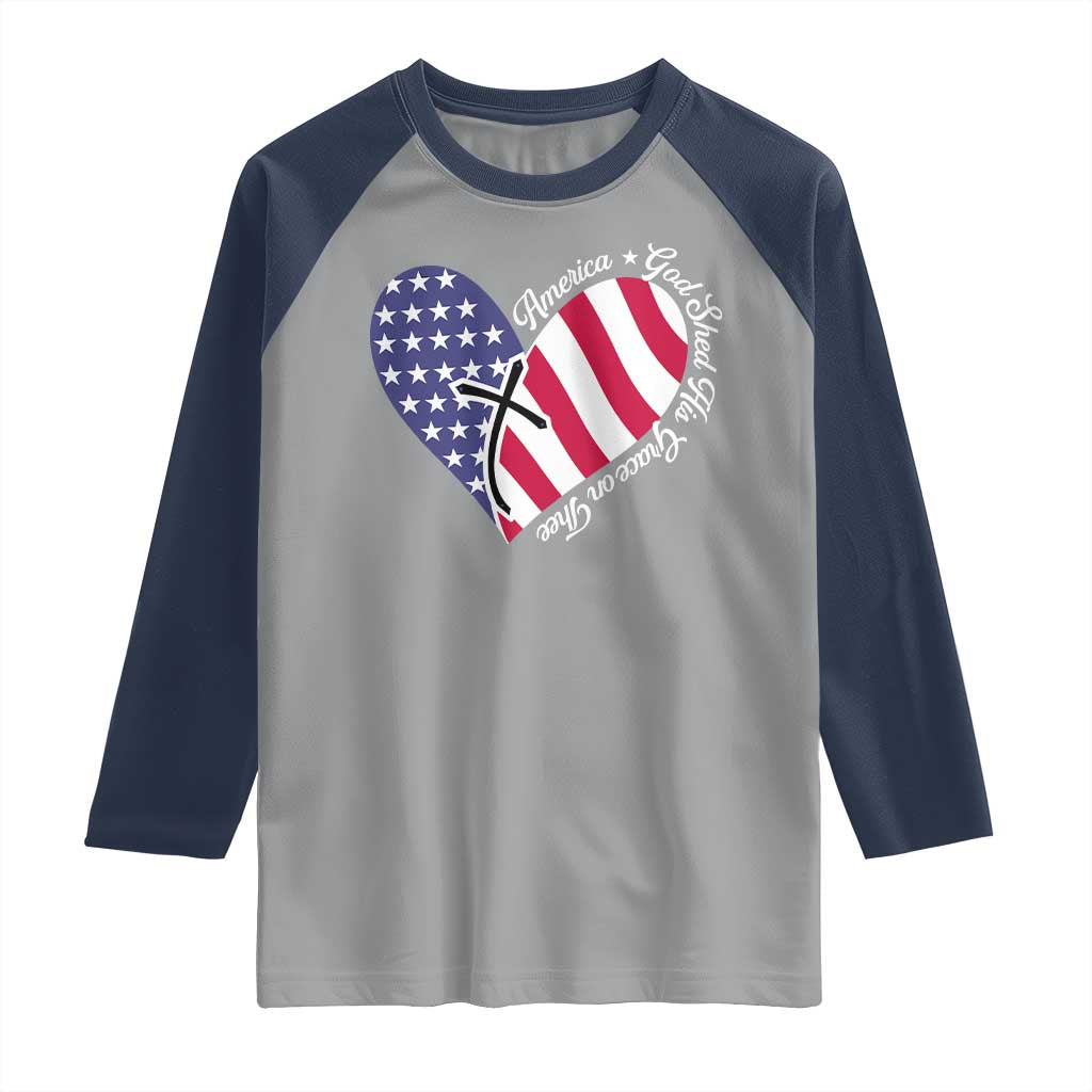 America God Shed His Grace on Thee 4th of July Raglan Shirt Patriotic American Flag Cross TS10 Sport Gray Navy Print Your Wear