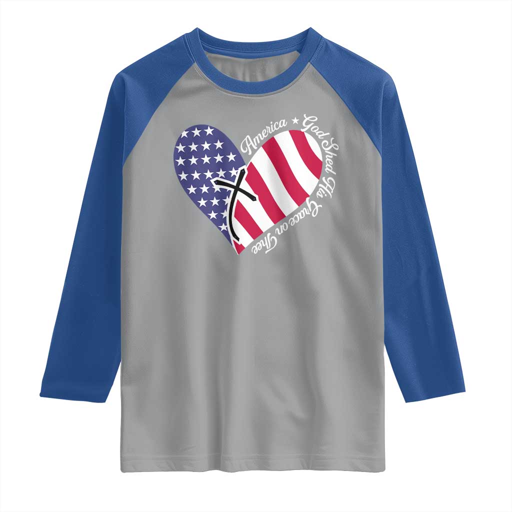 America God Shed His Grace on Thee 4th of July Raglan Shirt Patriotic American Flag Cross TS10 Sport Gray Royal Print Your Wear