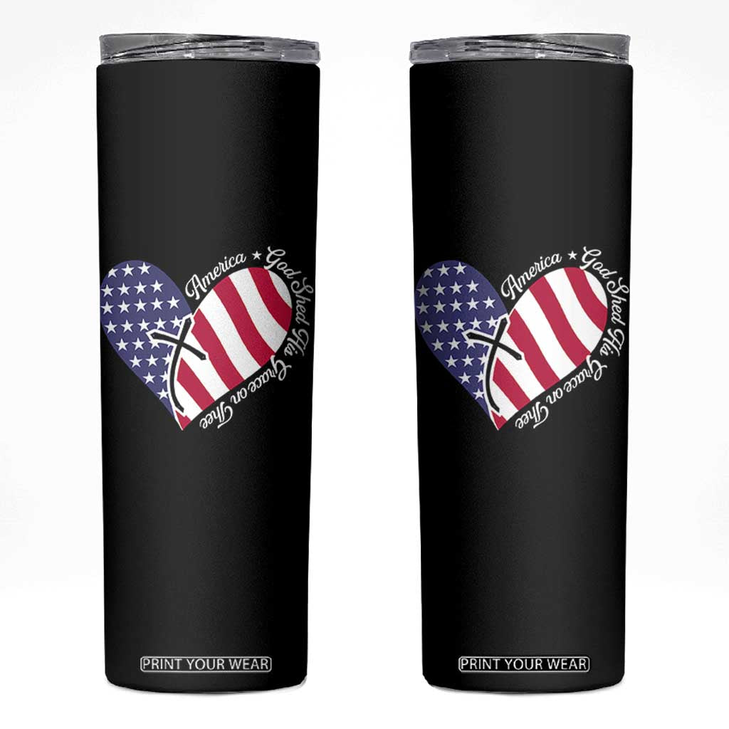 America God Shed His Grace on Thee 4th of July Skinny Tumbler Patriotic American Flag Cross TS10 Black Print Your Wear