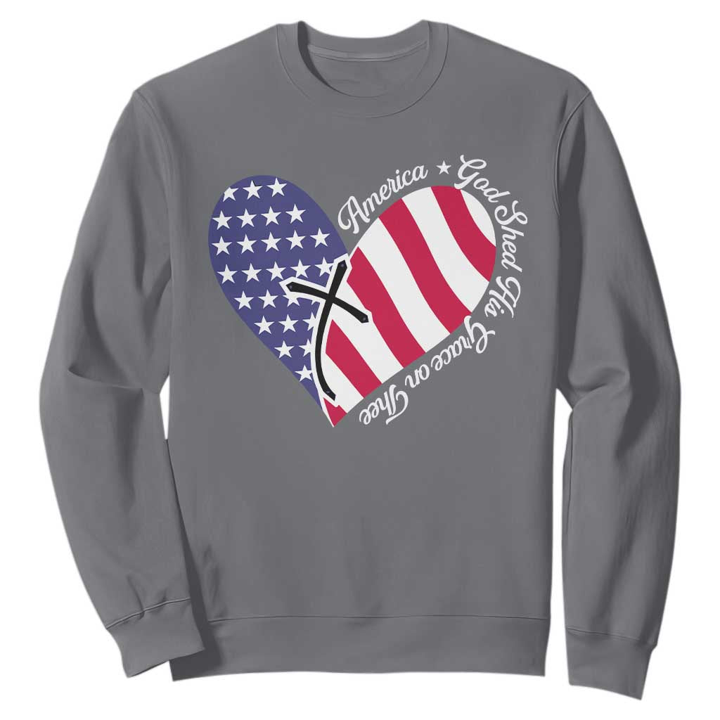 America God Shed His Grace on Thee 4th of July Sweatshirt Patriotic American Flag Cross TS10 Charcoal Print Your Wear