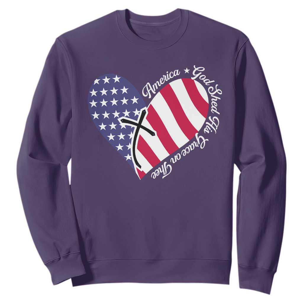 America God Shed His Grace on Thee 4th of July Sweatshirt Patriotic American Flag Cross TS10 Purple Print Your Wear