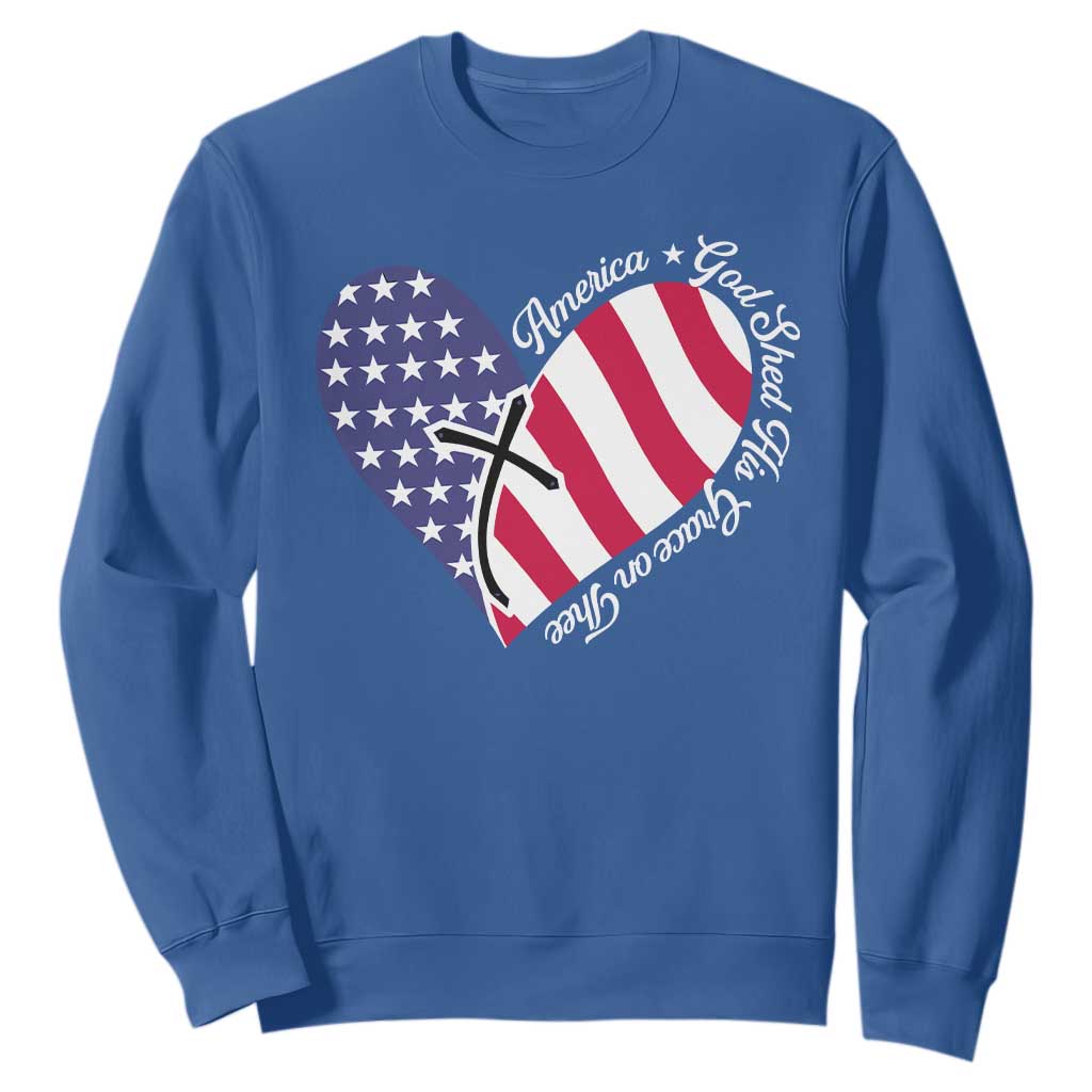America God Shed His Grace on Thee 4th of July Sweatshirt Patriotic American Flag Cross TS10 Royal Blue Print Your Wear