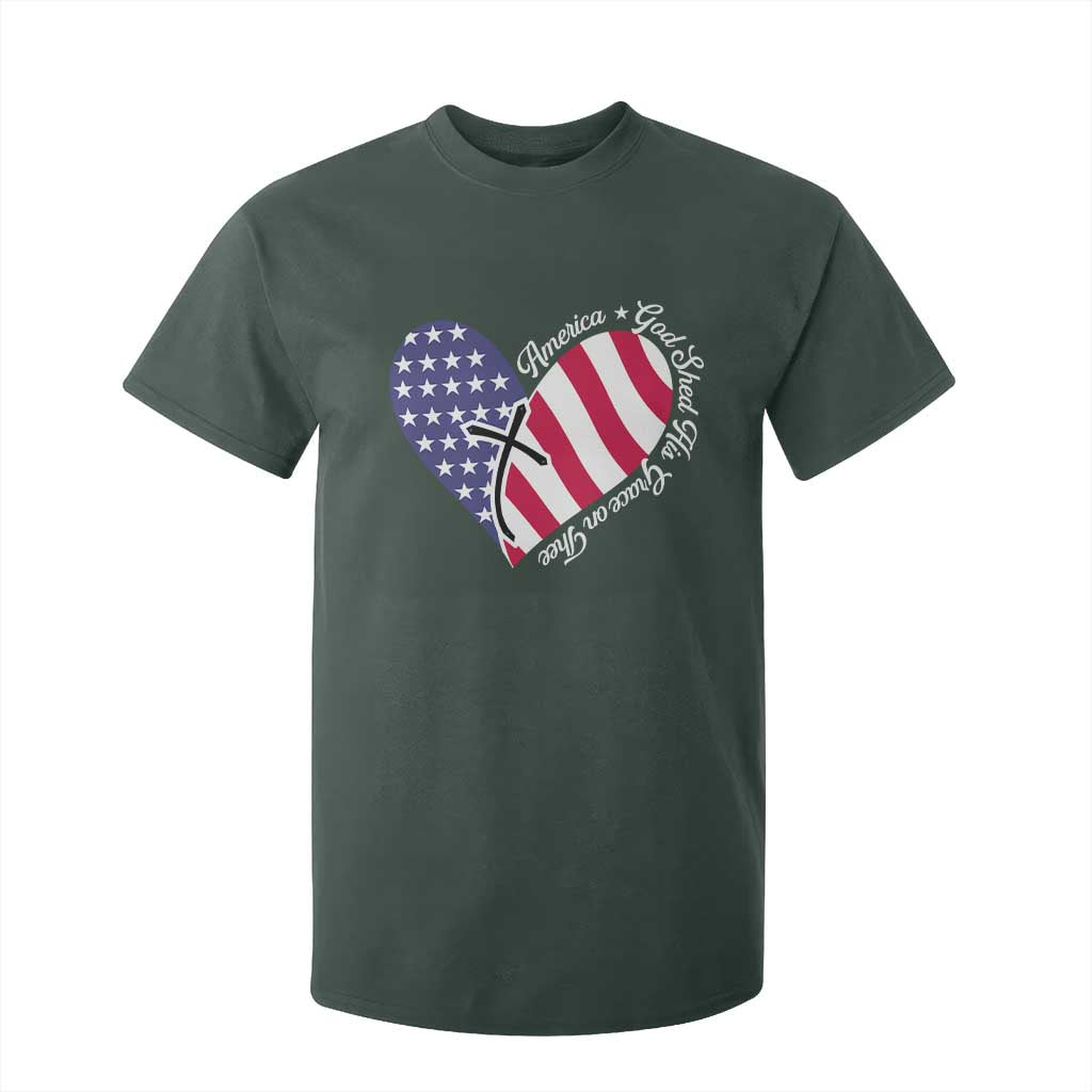 America God Shed His Grace on Thee 4th of July T Shirt For Kid Patriotic American Flag Cross TS10 Dark Forest Green Print Your Wear