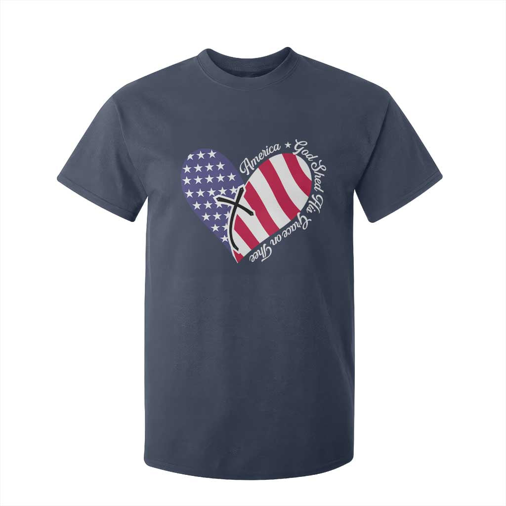 America God Shed His Grace on Thee 4th of July T Shirt For Kid Patriotic American Flag Cross TS10 Navy Print Your Wear
