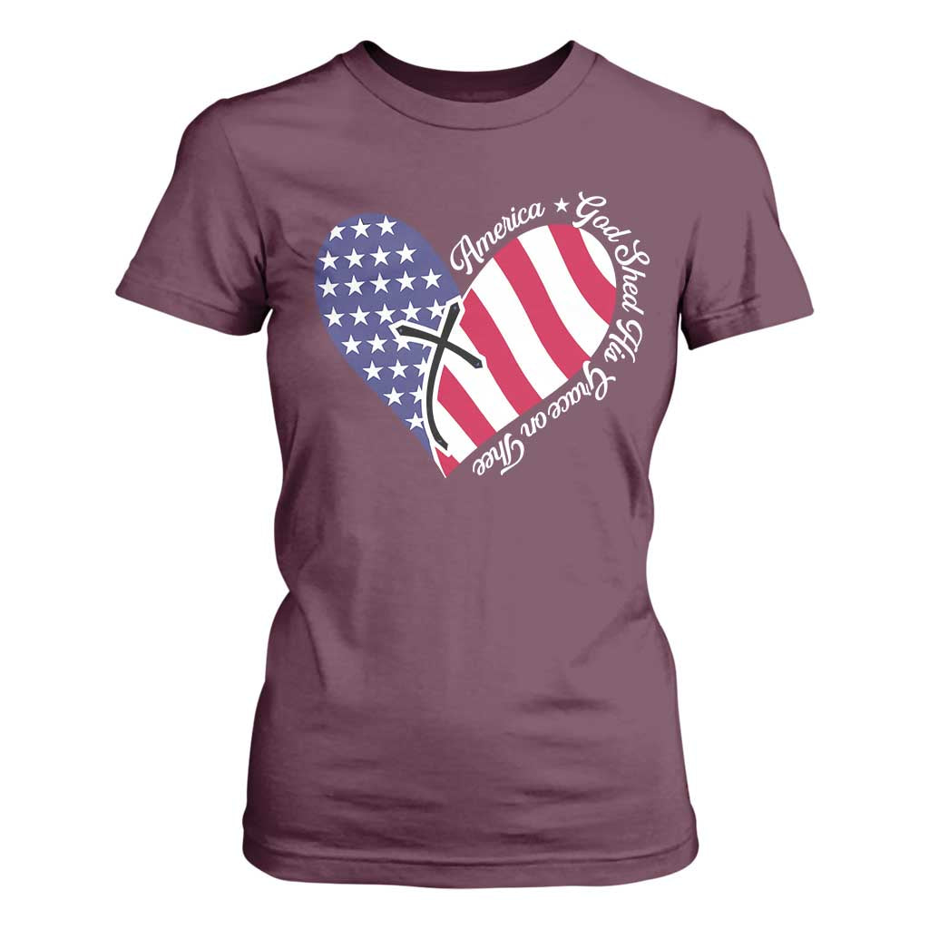 America God Shed His Grace on Thee 4th of July T Shirt For Women Patriotic American Flag Cross TS10 Maroon Print Your Wear