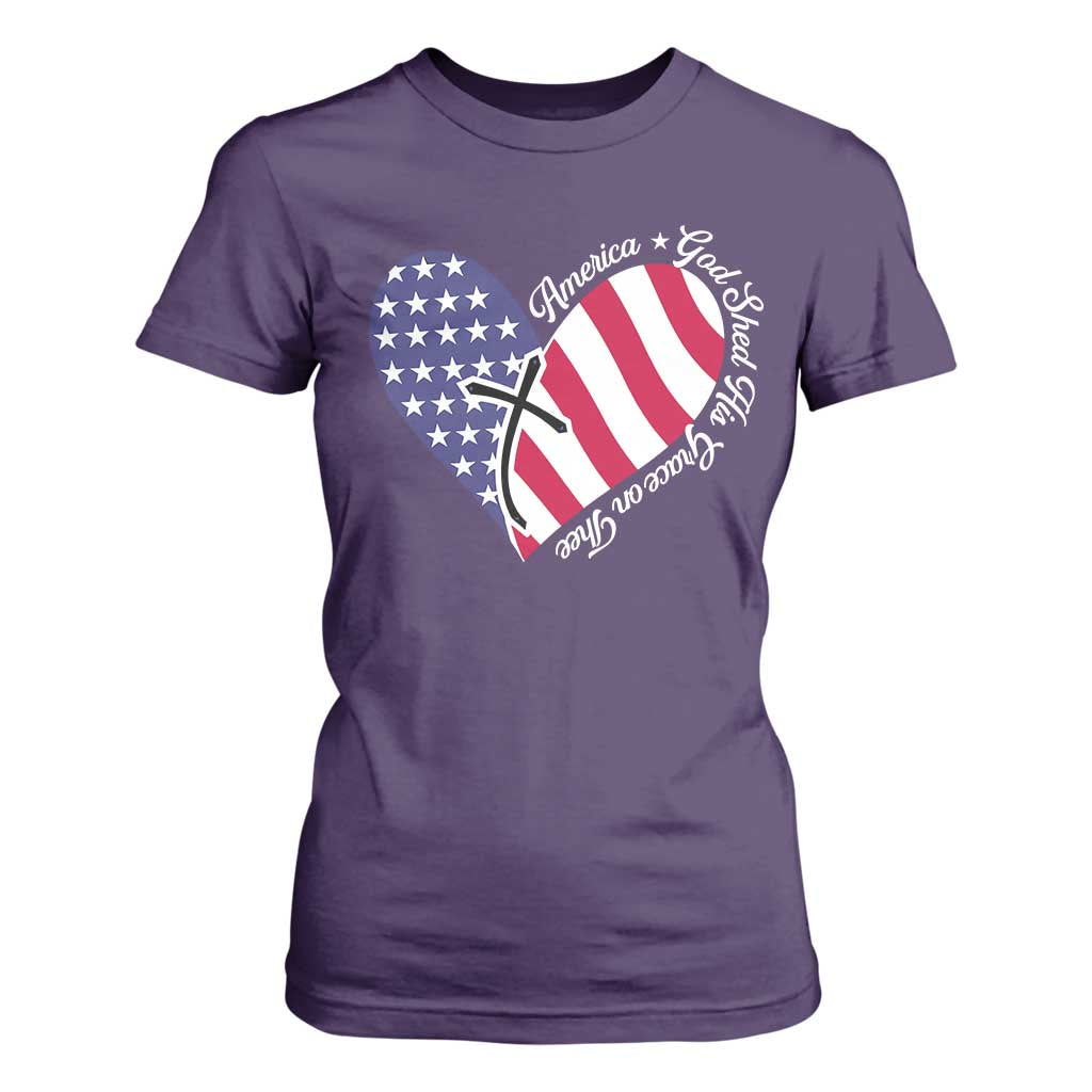 America God Shed His Grace on Thee 4th of July T Shirt For Women Patriotic American Flag Cross TS10 Purple Print Your Wear