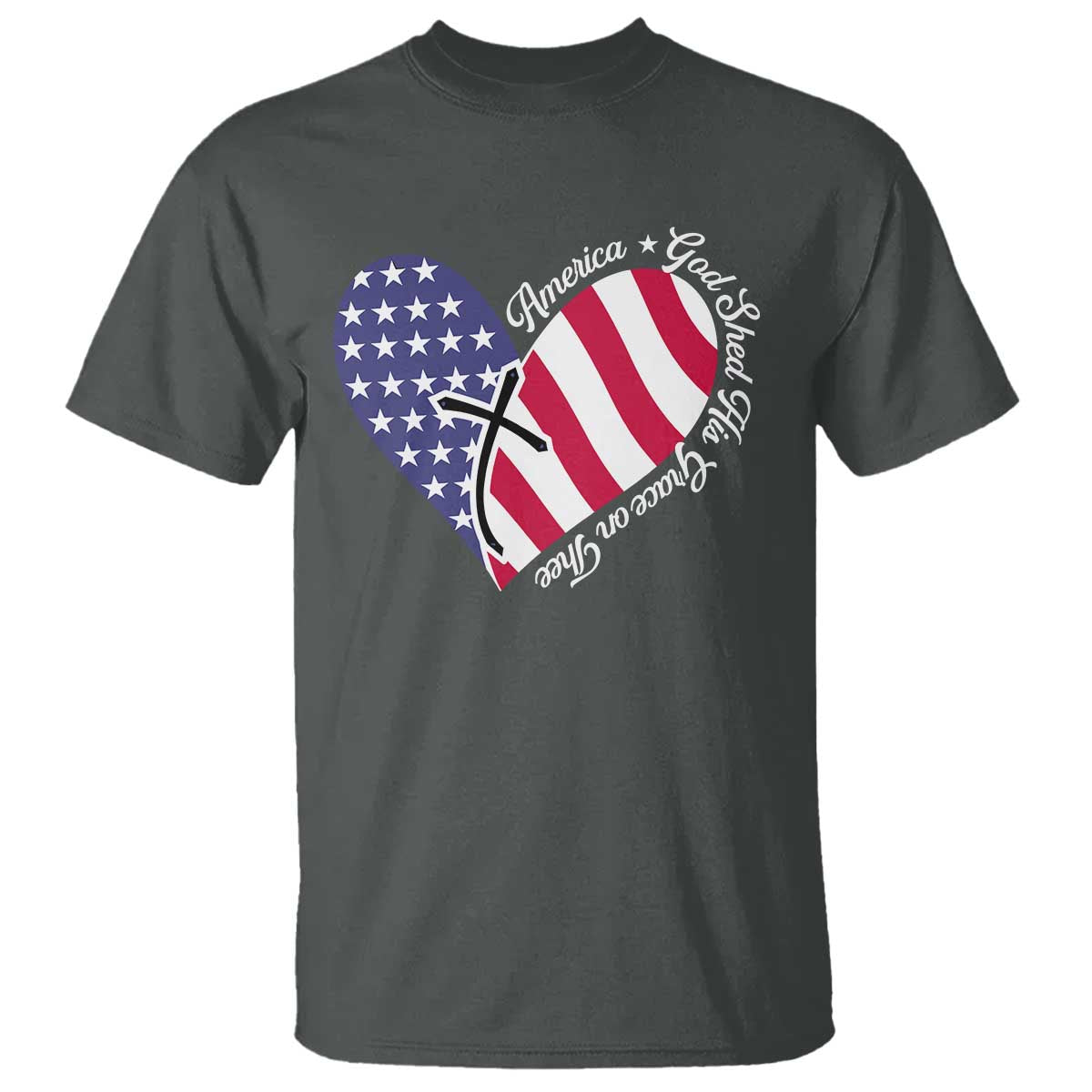 America God Shed His Grace on Thee 4th of July T Shirt Patriotic American Flag Cross TS10 Dark Heather Print Your Wear