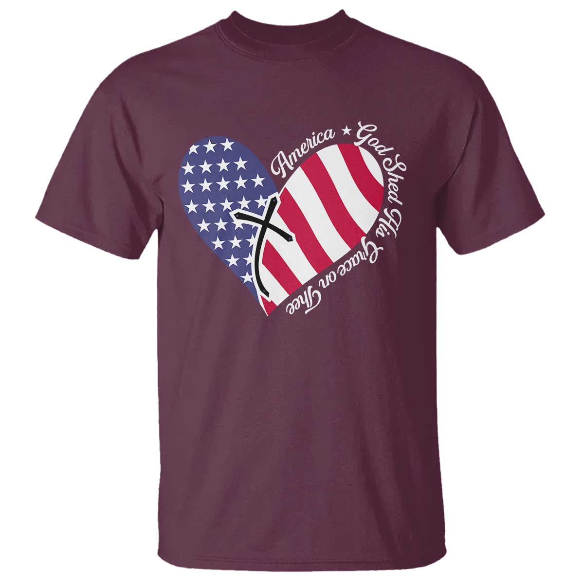 America God Shed His Grace on Thee 4th of July T Shirt Patriotic American Flag Cross TS10 Maroon Print Your Wear