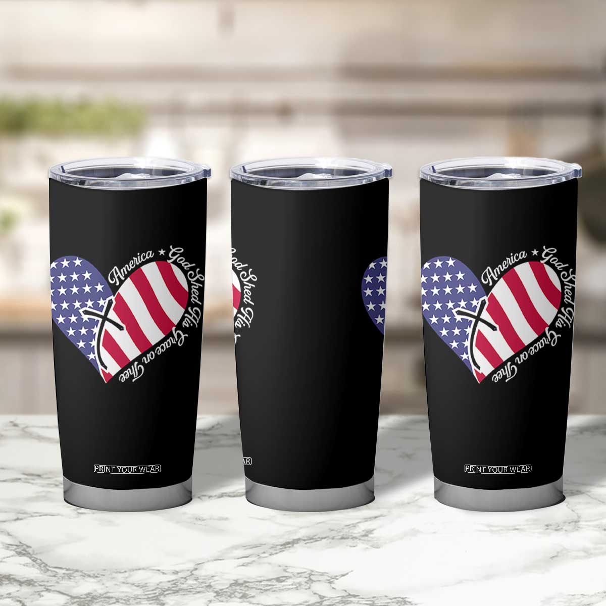America God Shed His Grace on Thee 4th of July Tumbler Cup Patriotic American Flag Cross TS10 Print Your Wear