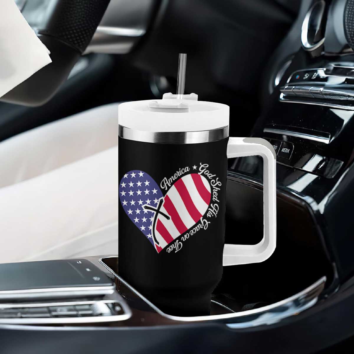 America God Shed His Grace on Thee 4th of July Tumbler With Handle Patriotic American Flag Cross TS10 Print Your Wear