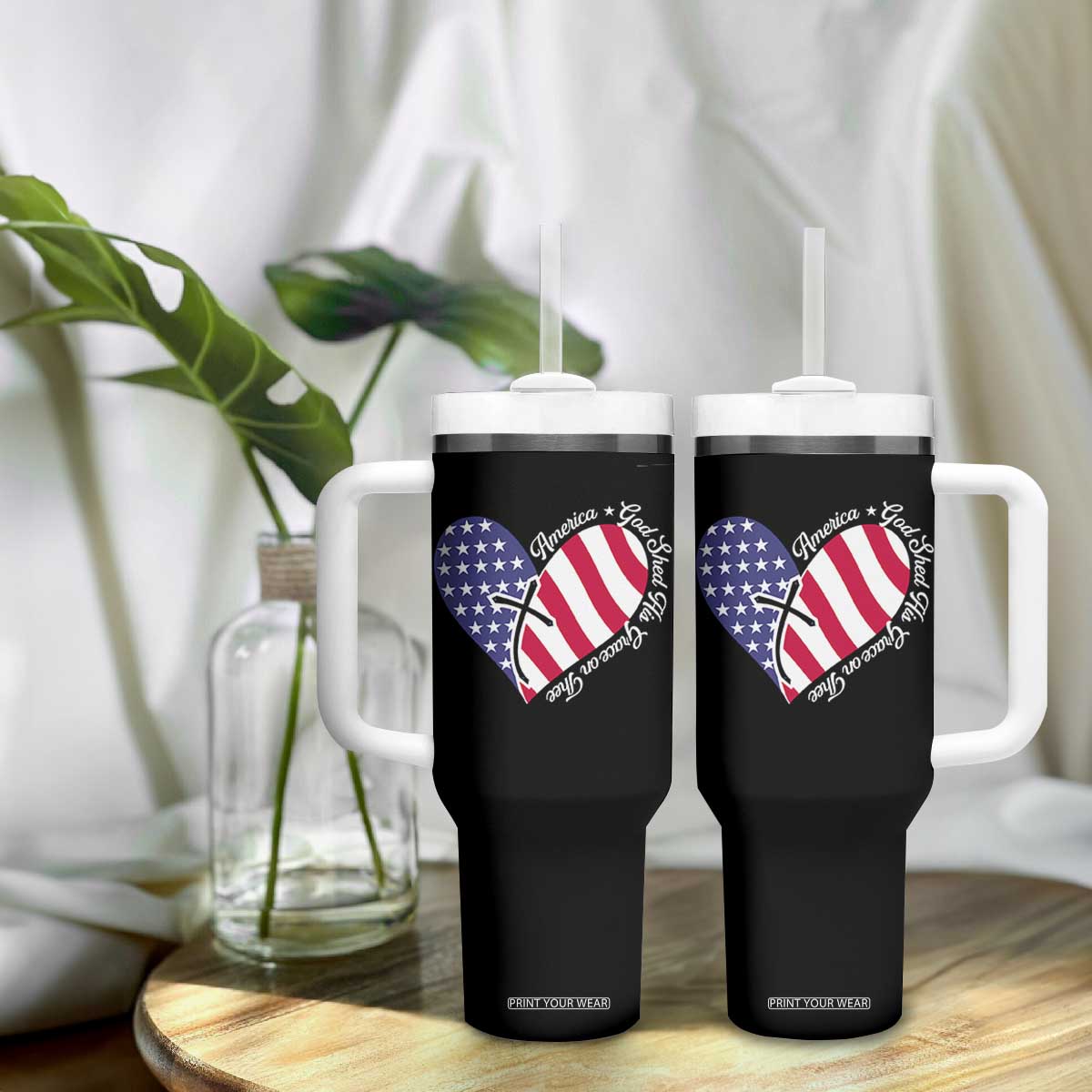 America God Shed His Grace on Thee 4th of July Tumbler With Handle Patriotic American Flag Cross TS10 Print Your Wear