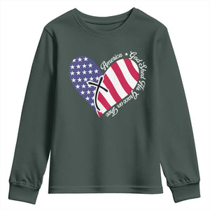 America God Shed His Grace on Thee 4th of July Youth Sweatshirt Patriotic American Flag Cross TS10 Dark Forest Green Print Your Wear