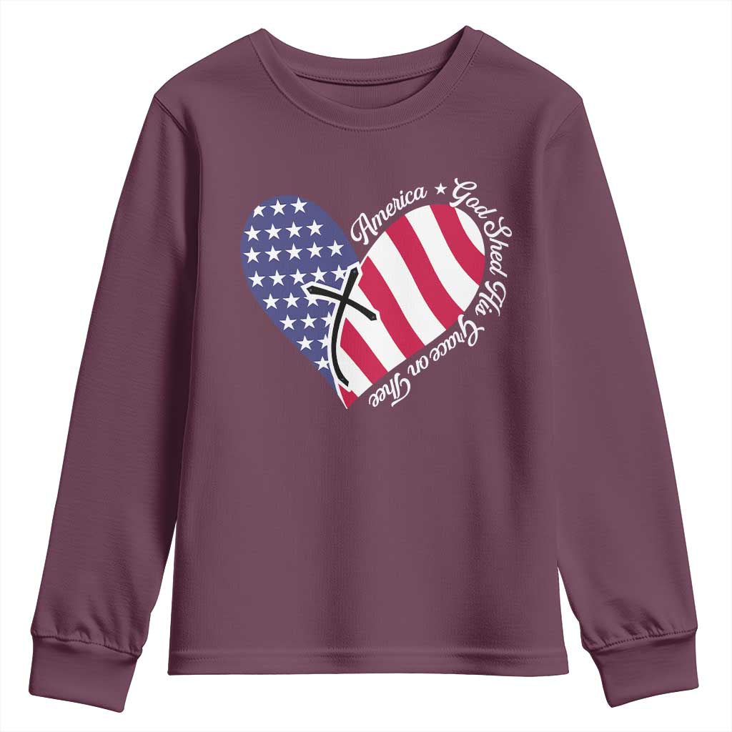 America God Shed His Grace on Thee 4th of July Youth Sweatshirt Patriotic American Flag Cross TS10 Maroon Print Your Wear
