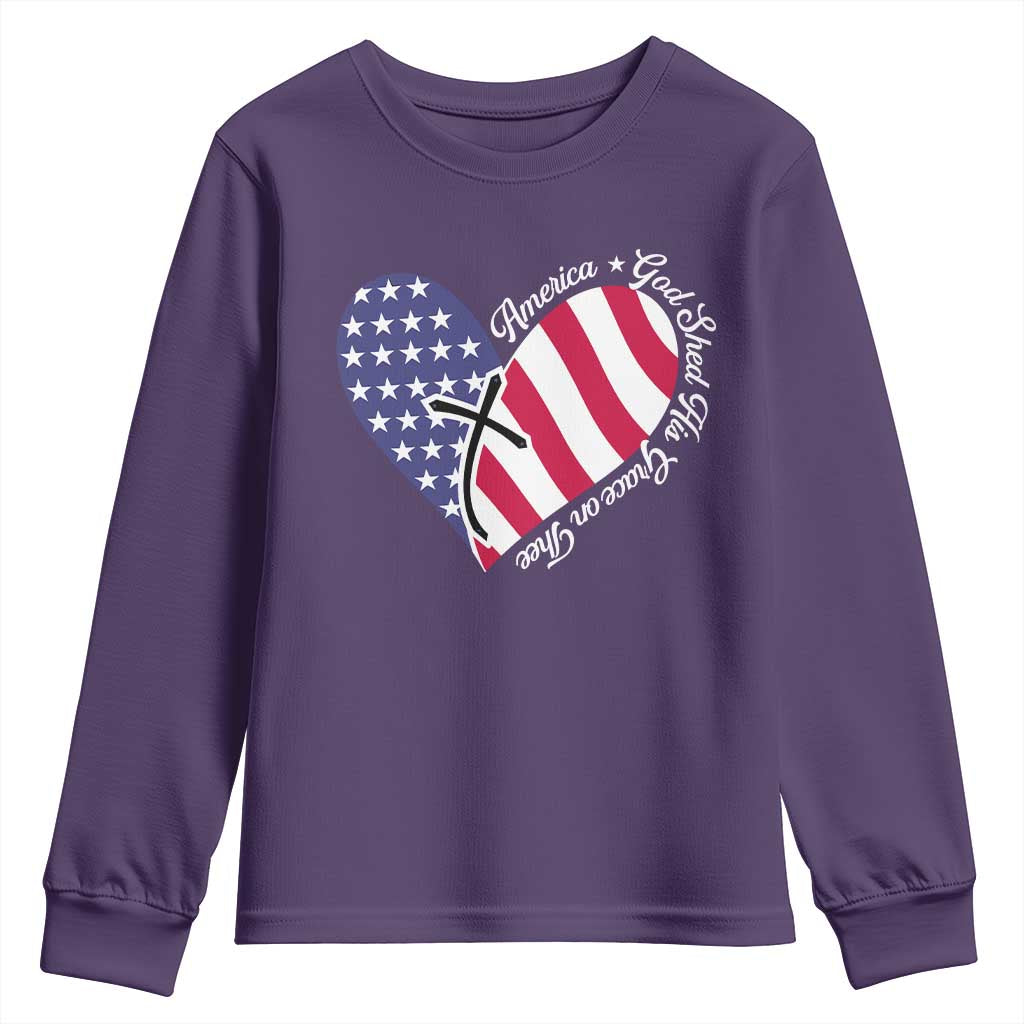 America God Shed His Grace on Thee 4th of July Youth Sweatshirt Patriotic American Flag Cross TS10 Purple Print Your Wear