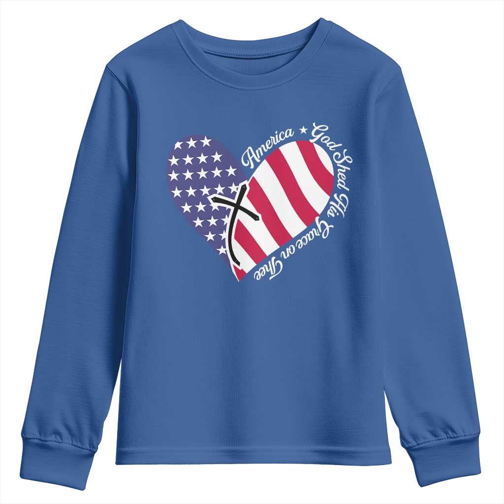 America God Shed His Grace on Thee 4th of July Youth Sweatshirt Patriotic American Flag Cross TS10 Royal Blue Print Your Wear