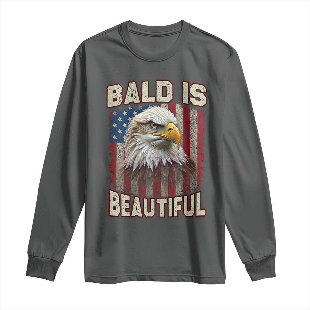 American Flag Bald Eagle Long Sleeve Shirt Bald Is Beautiful Retro 4th of July Independence Day TS10 Dark Heather Print Your Wear