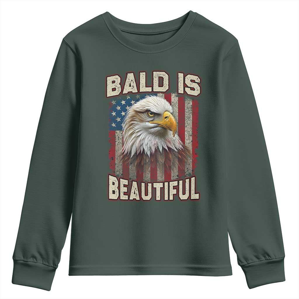 American Flag Bald Eagle Youth Sweatshirt Bald Is Beautiful Retro 4th of July Independence Day TS10 Dark Forest Green Print Your Wear