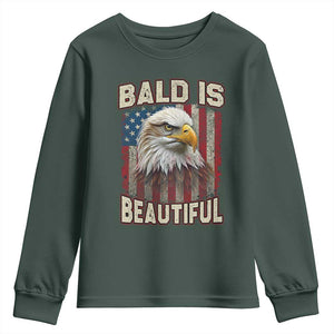 American Flag Bald Eagle Youth Sweatshirt Bald Is Beautiful Retro 4th of July Independence Day TS10 Dark Forest Green Print Your Wear