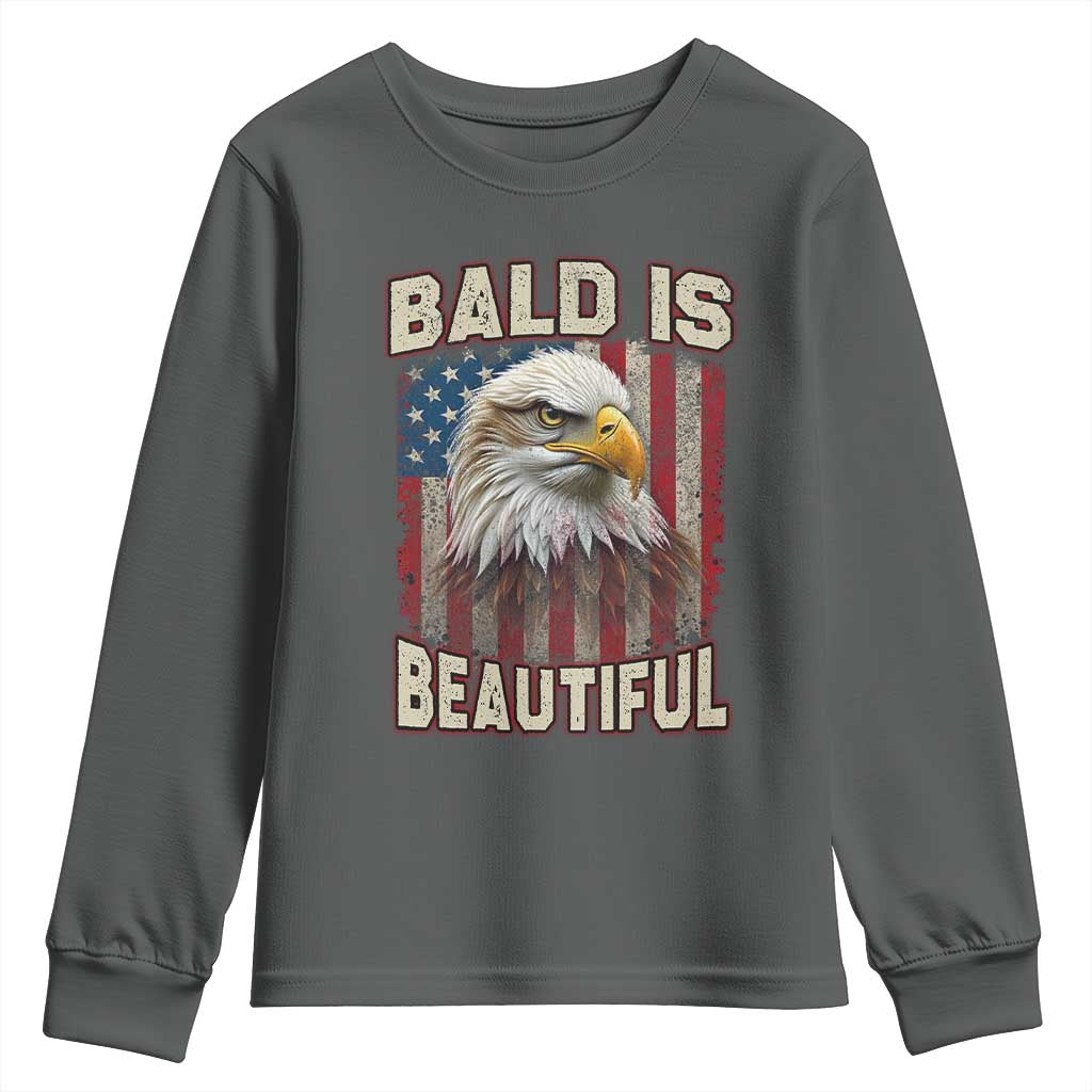 American Flag Bald Eagle Youth Sweatshirt Bald Is Beautiful Retro 4th of July Independence Day TS10 Dark Heather Print Your Wear