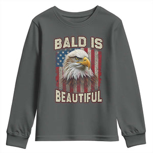 American Flag Bald Eagle Youth Sweatshirt Bald Is Beautiful Retro 4th of July Independence Day TS10 Dark Heather Print Your Wear