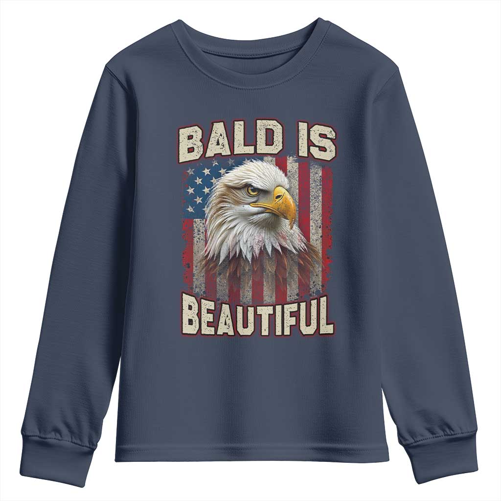American Flag Bald Eagle Youth Sweatshirt Bald Is Beautiful Retro 4th of July Independence Day TS10 Navy Print Your Wear