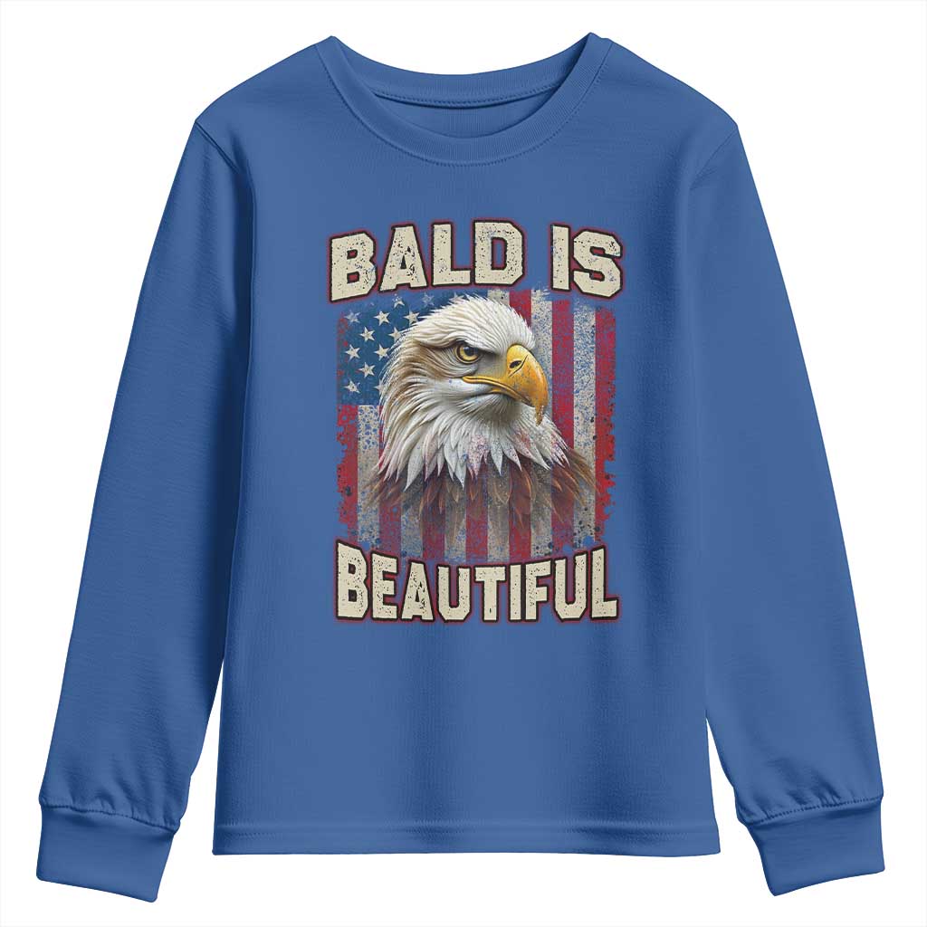 American Flag Bald Eagle Youth Sweatshirt Bald Is Beautiful Retro 4th of July Independence Day TS10 Royal Blue Print Your Wear