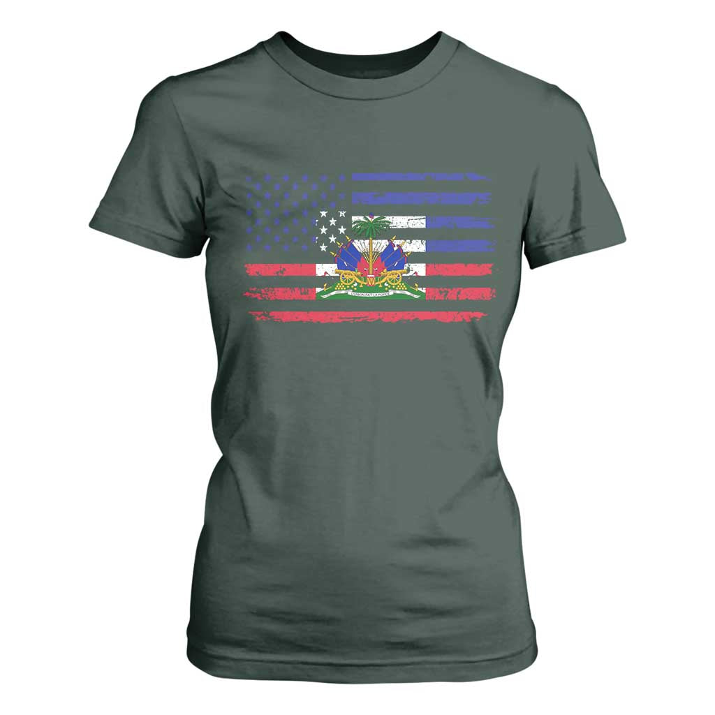 American Haitian Haiti USA Flag T Shirt For Women TS11 Dark Forest Green Print Your Wear