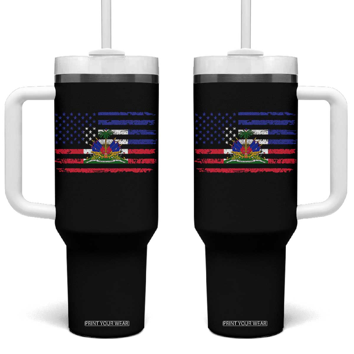 American Haitian Haiti USA Flag Tumbler With Handle TS11 One Size: 40 oz Black Print Your Wear
