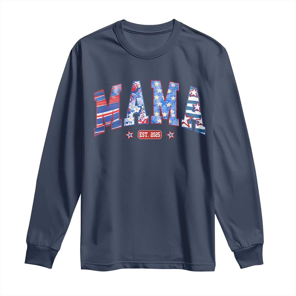 American Mama Est 2025 Long Sleeve Shirt 4th of July Pregnancy Reveal TS10 Navy Print Your Wear
