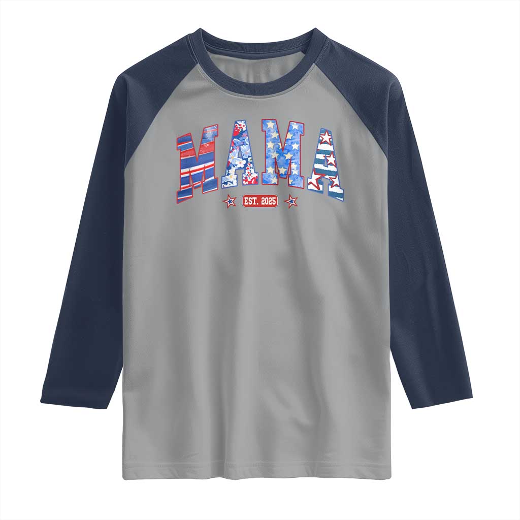 American Mama Est 2025 Raglan Shirt 4th of July Pregnancy Reveal TS10 Sport Gray Navy Print Your Wear