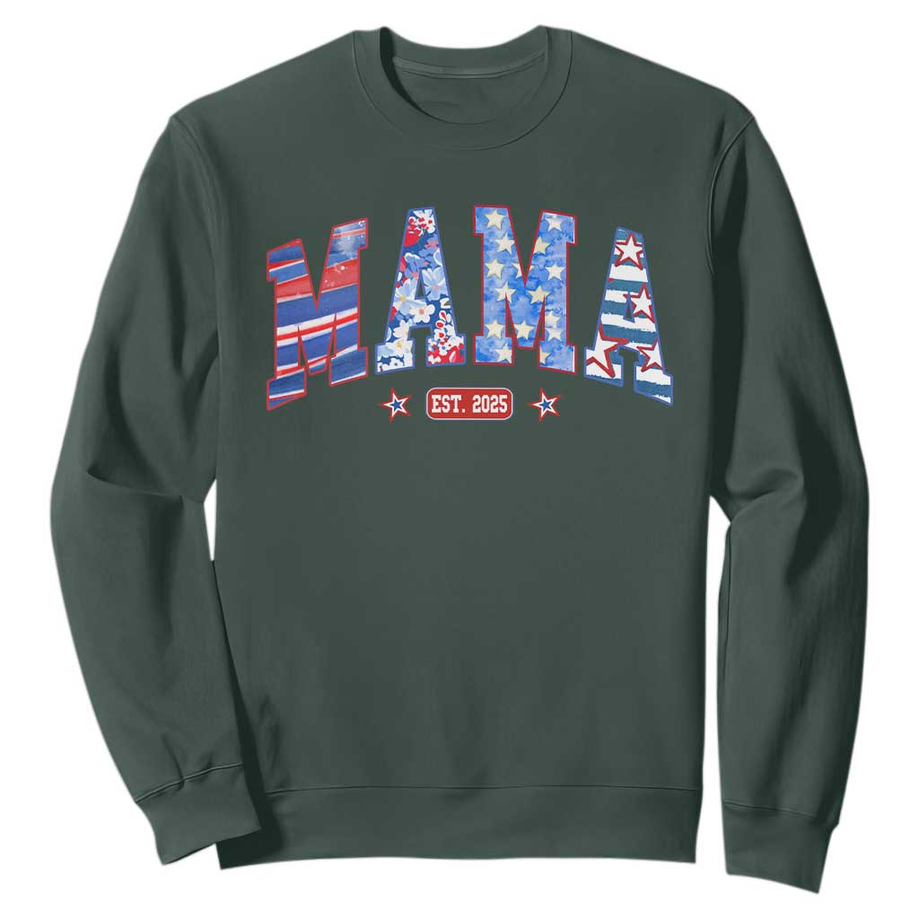 American Mama Est 2025 Sweatshirt 4th of July Pregnancy Reveal TS10 Dark Forest Green Print Your Wear
