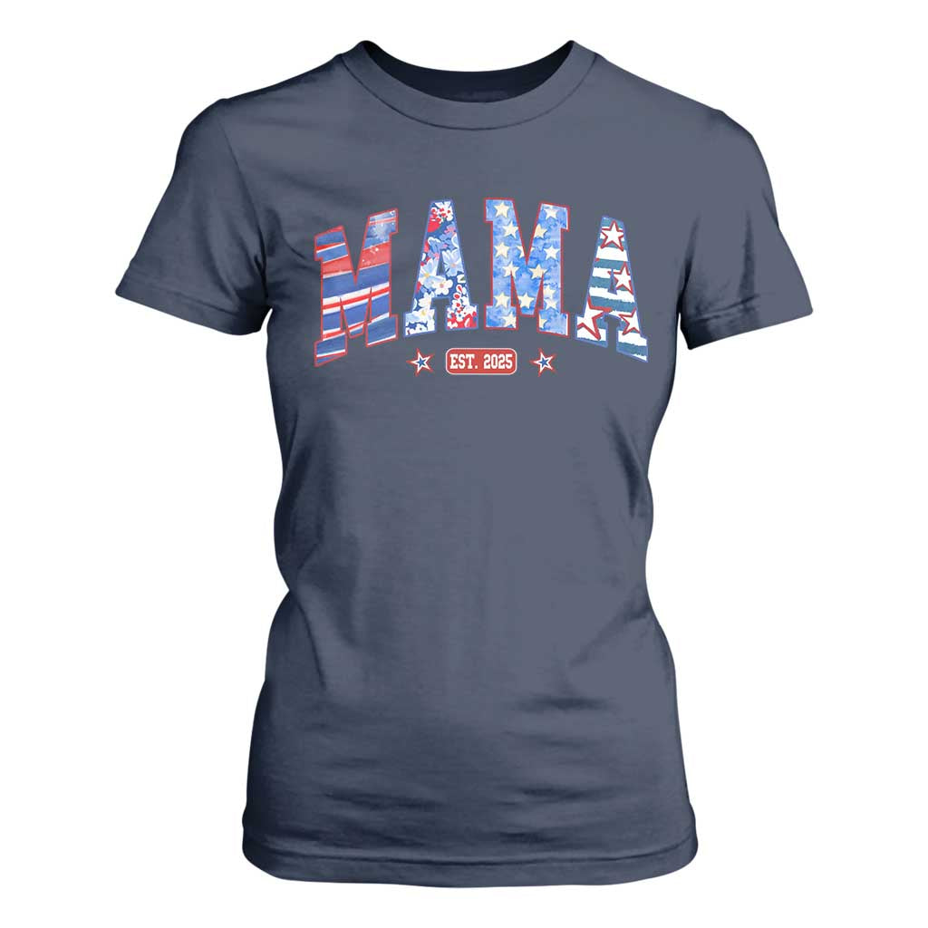 American Mama Est 2025 T Shirt For Women 4th of July Pregnancy Reveal TS10 Navy Print Your Wear